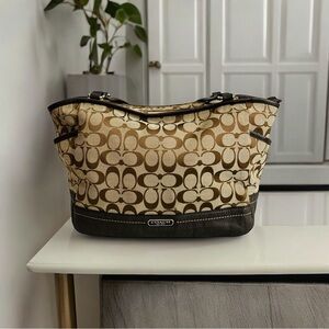 COACH Park Signature Tote Brown Tan Canvas Leather Handbag Zip Closure Women Bag